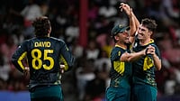 | Photo: AP/Ramon Espinosa : Pat Cummins celebrates his hat-trick with teammates during the Afghanistan vs Australia, ICC T20 World Cup 2024 match in St Vincent on Sunday (June 23).